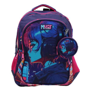000587166 Mokyklinė kuprinė mergaitėms „Anime Girl“ su ergonomiška nugarėle ir 3 skyriais.