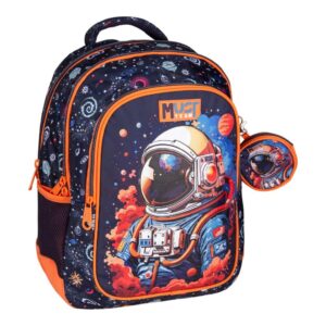 000587194_2 Mokyklinė kuprinė „Kosmosas“ su astronauto dizainu, 3 skyriais ir prisegama pinigine berniukui